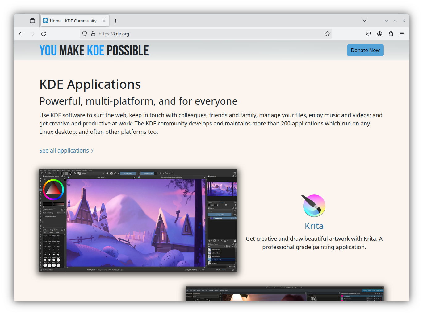 Surf the web with the Firefox web browser. Firefox is perfectly integrated with KDE's Plasma desktop, letting you control multimedia playback, volume, downloads and more from KDE's programs.